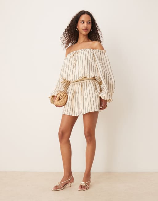 ASOS DESIGN - Mini-bardotjurk van katoen in boho-stijl in botergele strepen, 3 van 4