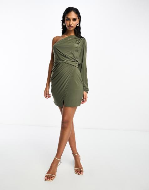 ASOS DESIGN mini batwing draped dress in khaki - view 1