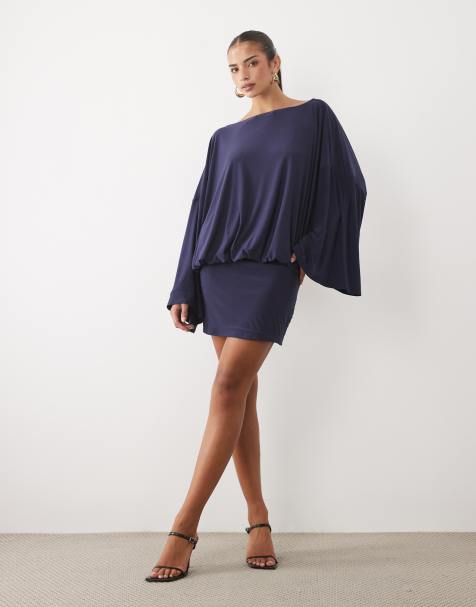 ASOS DESIGN mini batwing dress with open back and fringe tassle detail in navy - view 1