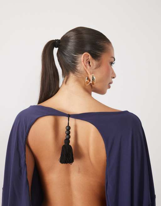 ASOS DESIGN mini batwing dress with open back and fringe tassle detail in navy, 3 of 4