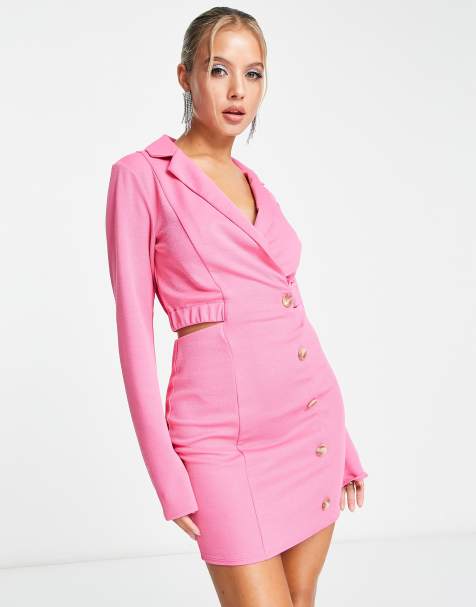 Emilee Midi Dress - Side Cut Out Long Sleeve Plunge Dress in Pink