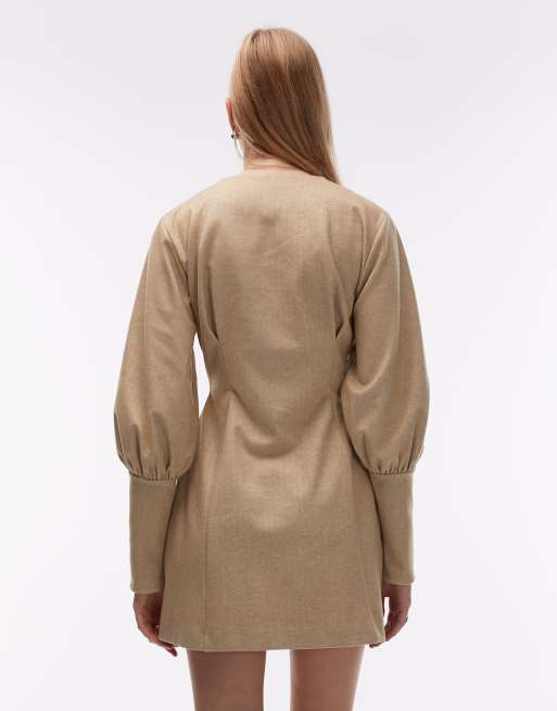 ASOS DESIGN - Mini blazerjurk met pofmouwen in beige, 3 van 4