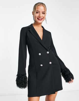 ASOS DESIGN - Mini-Blazerkleid in Schwarz mit Kunstfeder-Manschetten und Strassbesatz