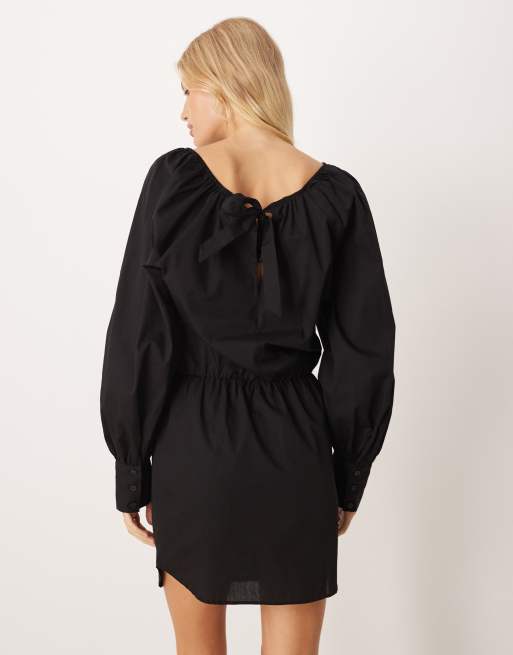 ASOS DESIGN - Mini blouson-jurk van zware poplin met gestrikte achterkant in zwart, 3 van 4