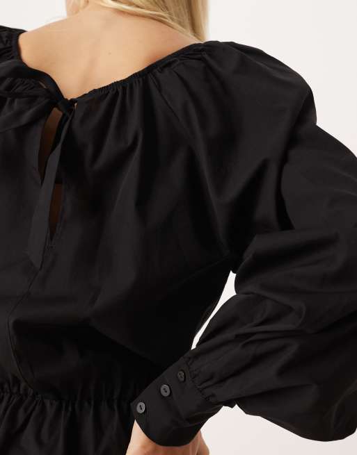 ASOS DESIGN - Mini blouson-jurk van zware poplin met gestrikte achterkant in zwart, 4 van 4