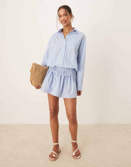 ASOS DESIGN - Mini blouson-overhemdjurk met verlaagde taille in blauw met witte strepen, 2 van 4