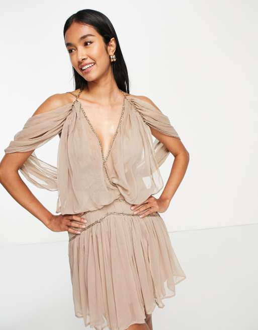 ASOS DESIGN - Mini blousonjurk met schakelbandjes in stone