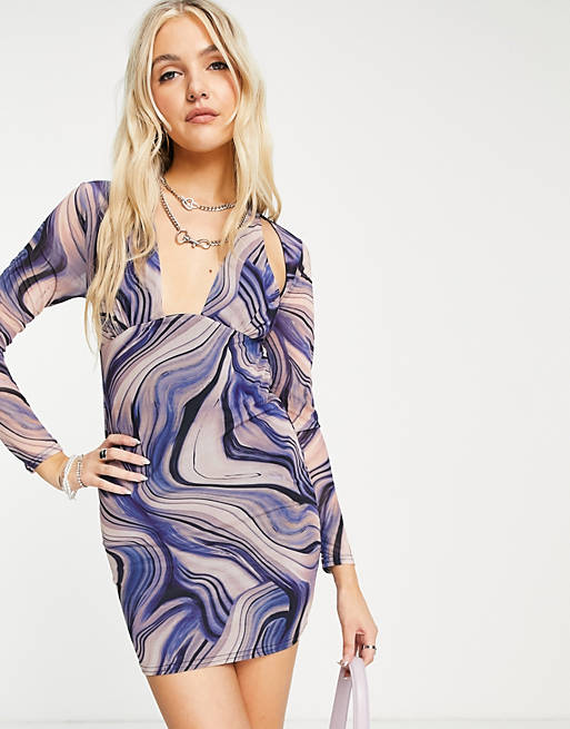  mini bodycon dress with shrug in blue marble print 