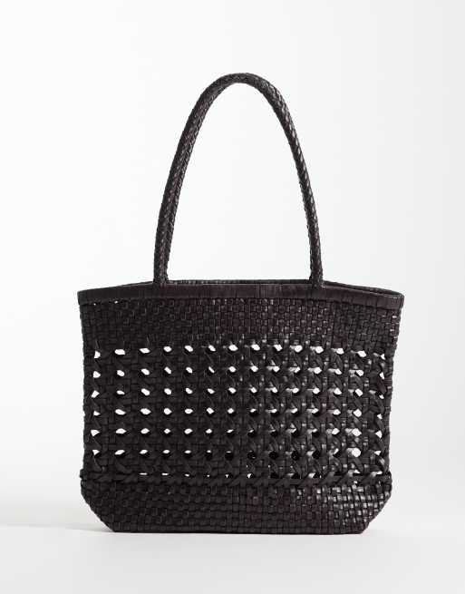 ASOS DESIGN - Mini borsa shopping in pelle intrecciata color cioccolato