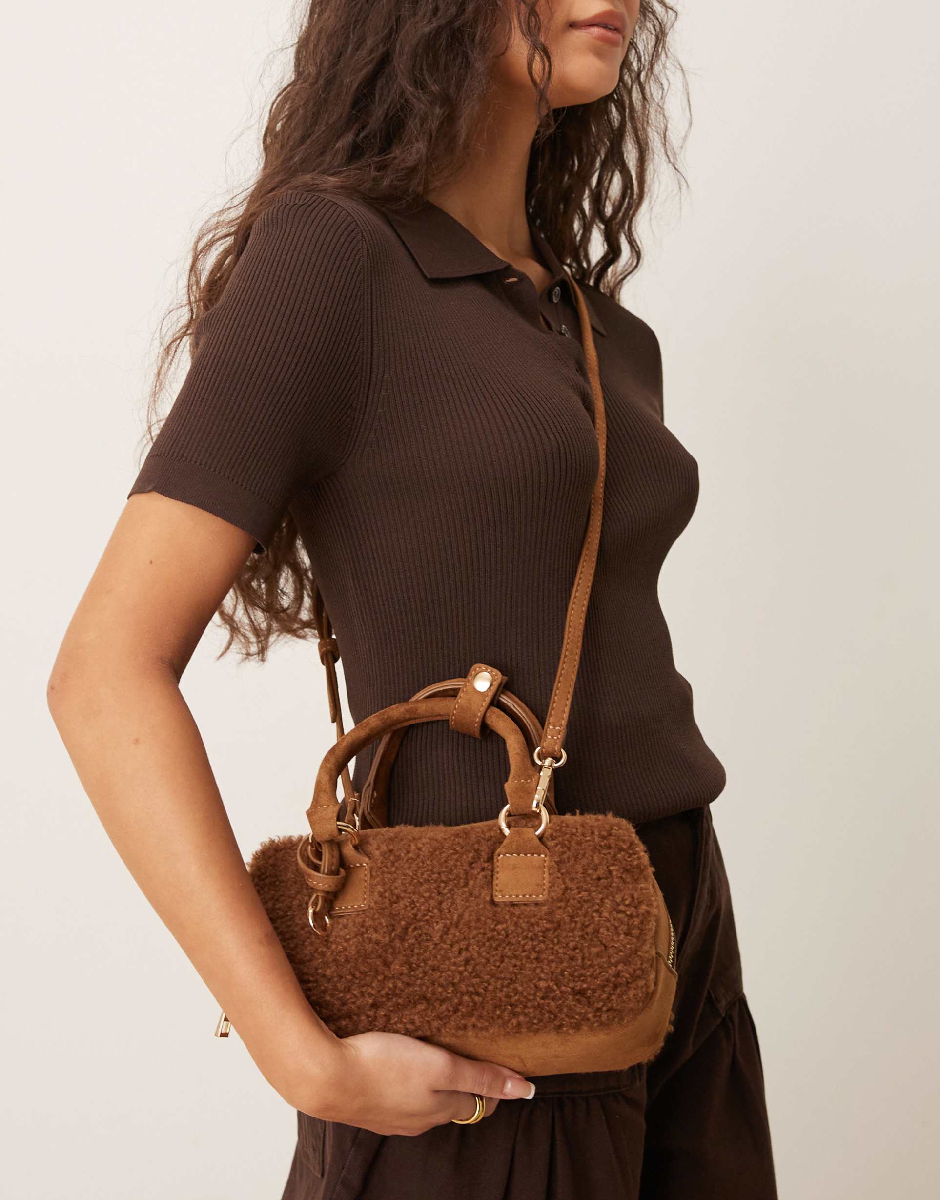 asos design mini bowler crossbody bag in borg with detachable strap in tan