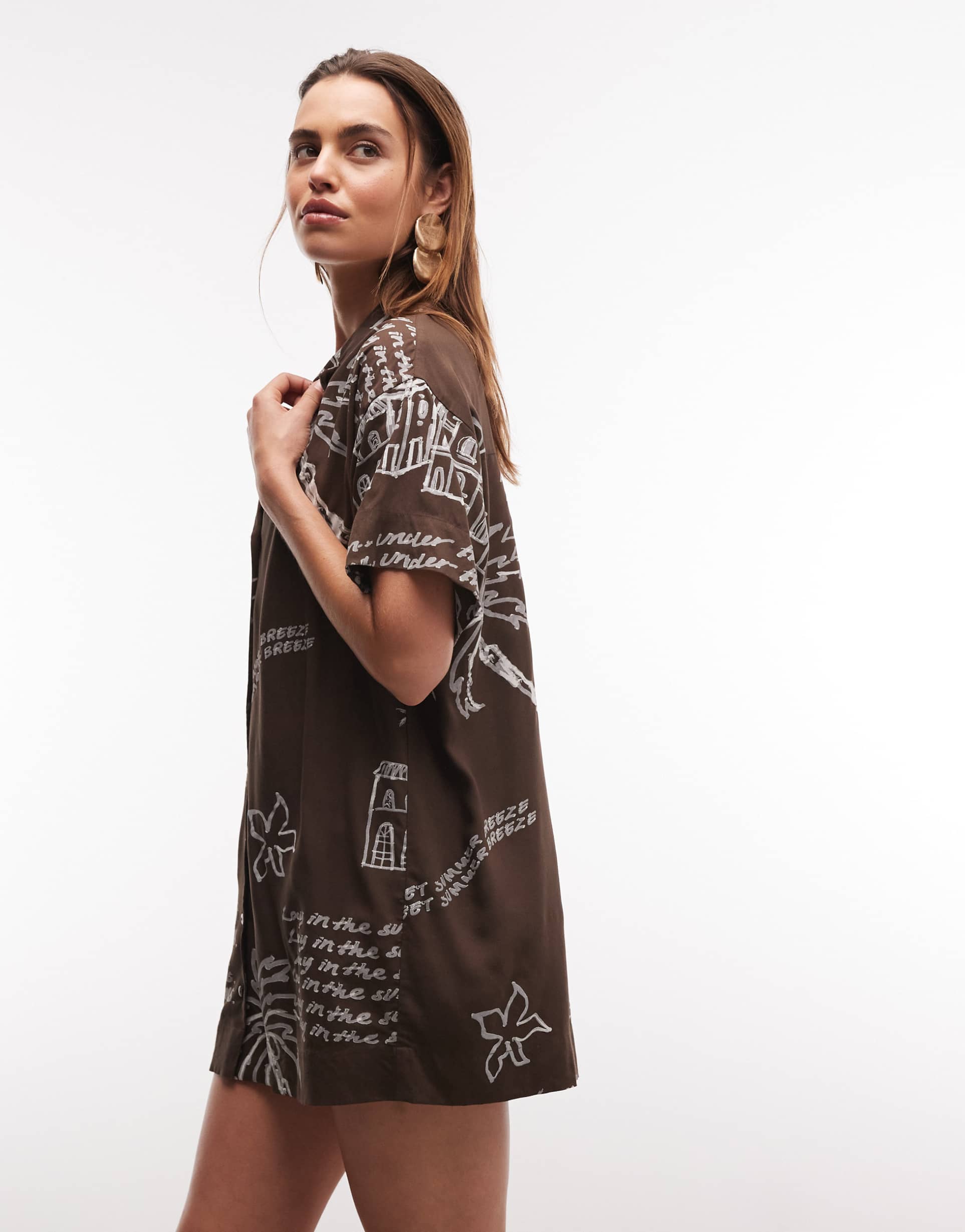 asos design mini bowling shirt dress in chocolate conversational print