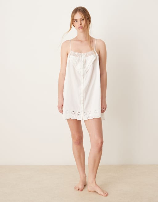 ASOS DESIGN mini broderie edge nighty with ribbon tie in ivory, 2 of 4