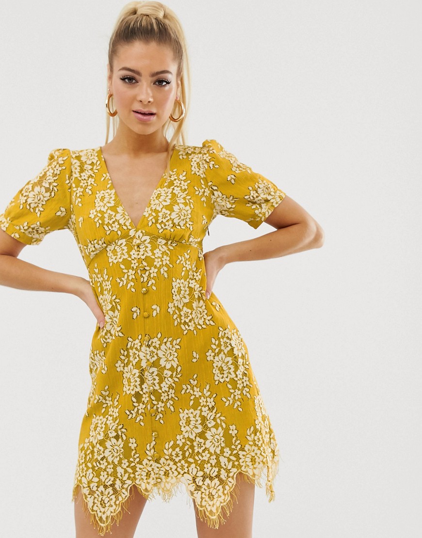 ASOS DESIGN mini button through lace tea dress-Yellow
