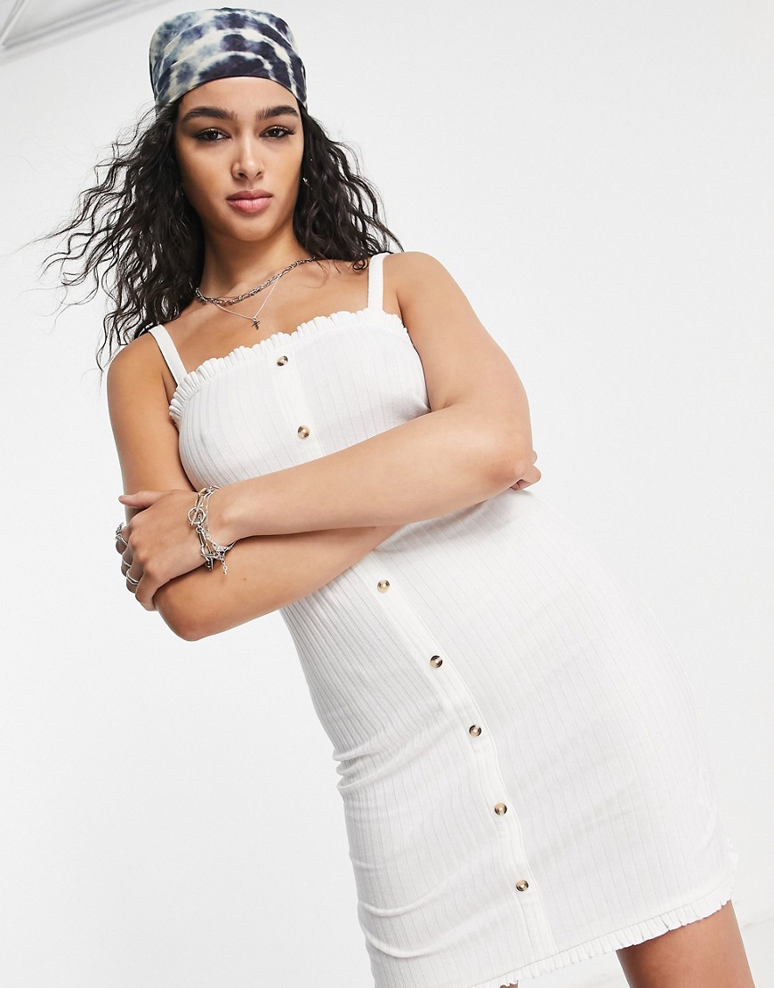 ASOS DESIGN mini button through ribbed dress with frill hem in white