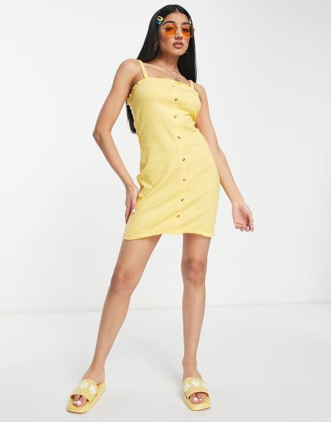 ASOS DESIGN mini button through ribbed dress with frill hem in yellow