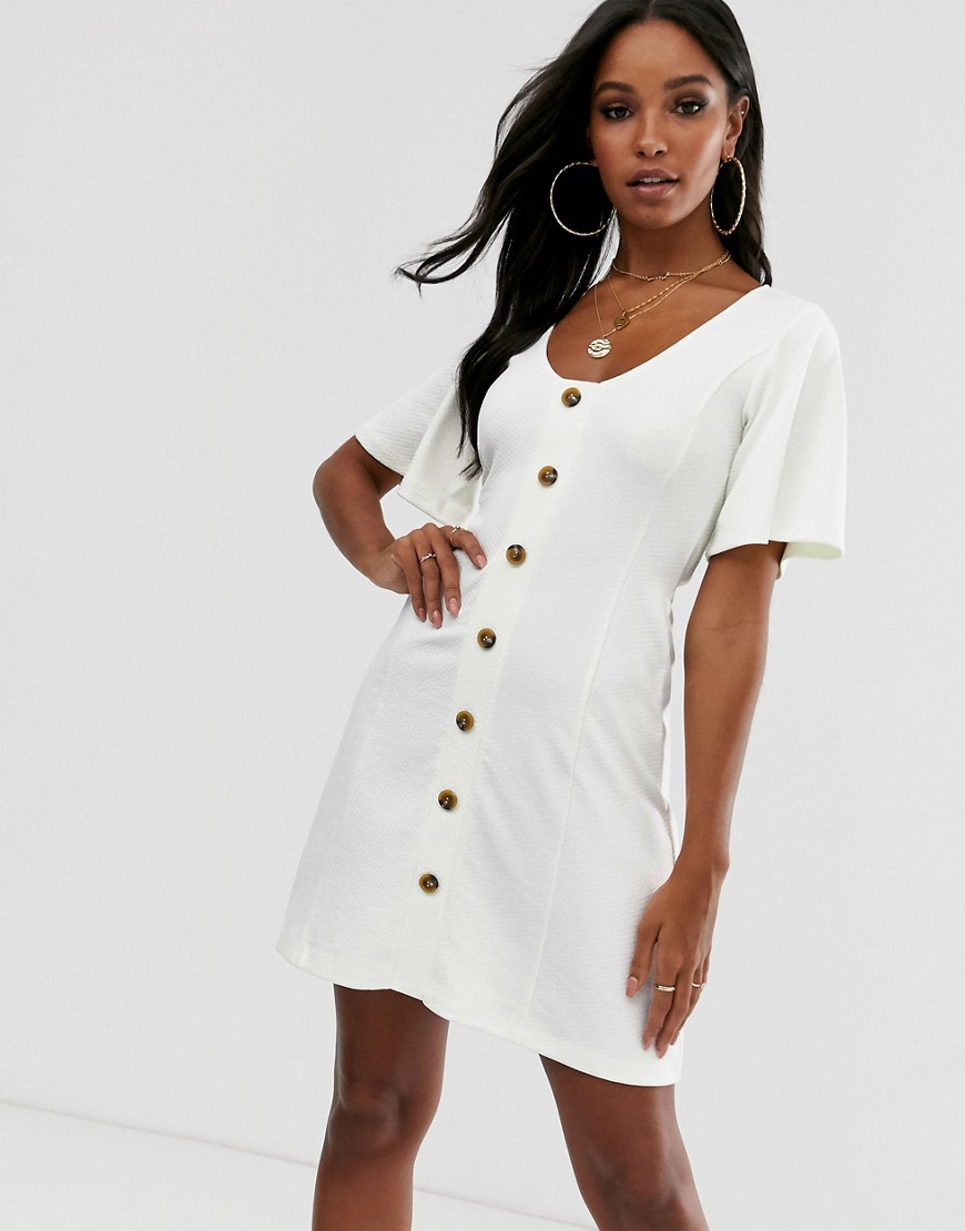 ASOS DESIGN mini button through textured tea dress-White