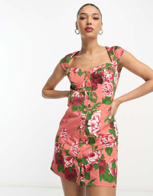 Asos Design Mini Button Through Twill Dress With Cup Detail In Bloom Floral Print-Multi