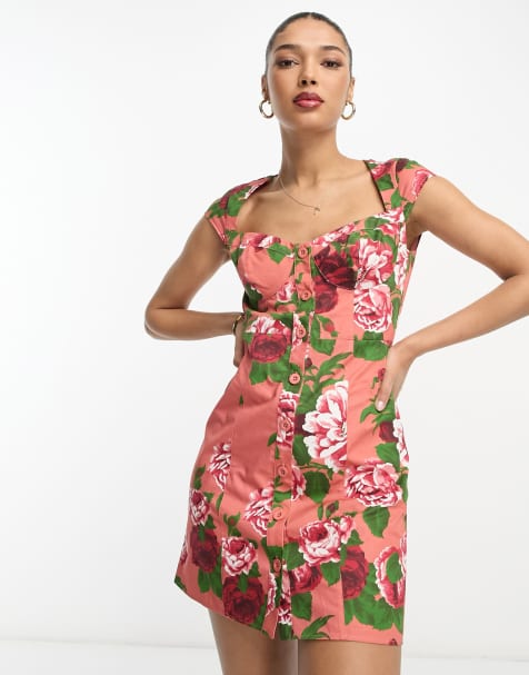 ASOS DESIGN mini button through twill dress with cup detail in bloom floral print - view 1