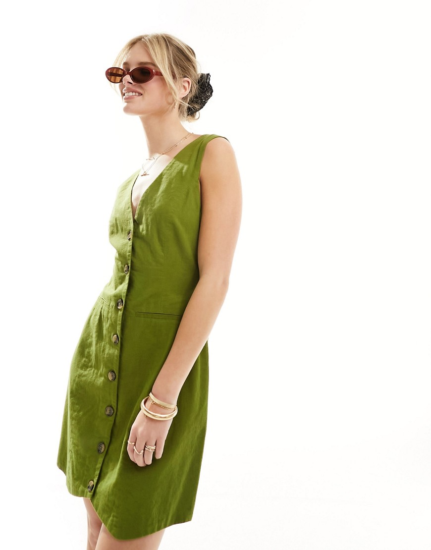 Asos Design Mini Button Up Linen Blend Vest Dress In Khaki-green