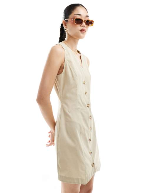 ASOS DESIGN Mini button up linen blend vest dress in stone