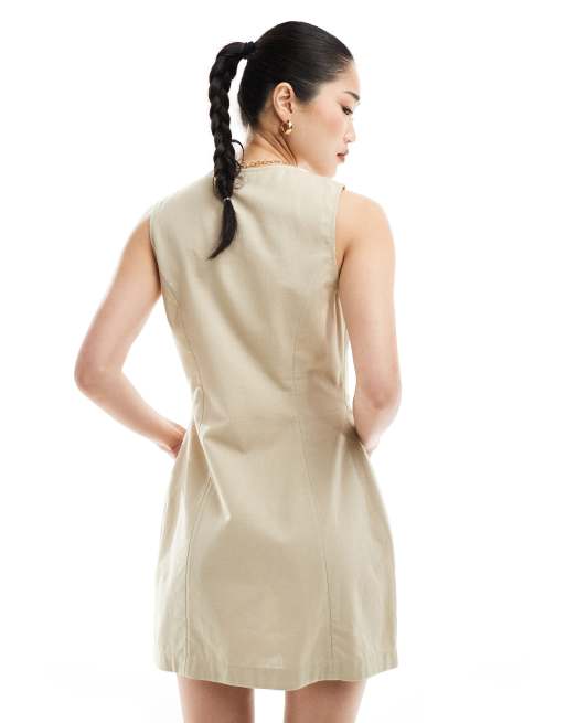 ASOS DESIGN Mini button up linen blend vest dress in stone