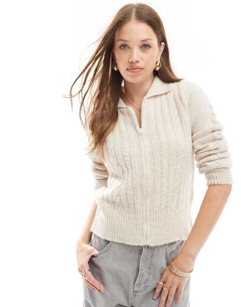 ASOS DESIGN mini cable zip up cardigan in cream - view 1