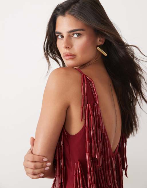 ASOS DESIGN mini cami-jurk met diepe hals en grove kralen in rood, 3 van 4