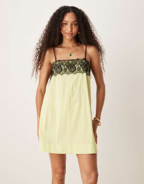 ASOS DESIGN - Mini cami-jurk met kanten bovenlaag in limoen met wassing - view 1