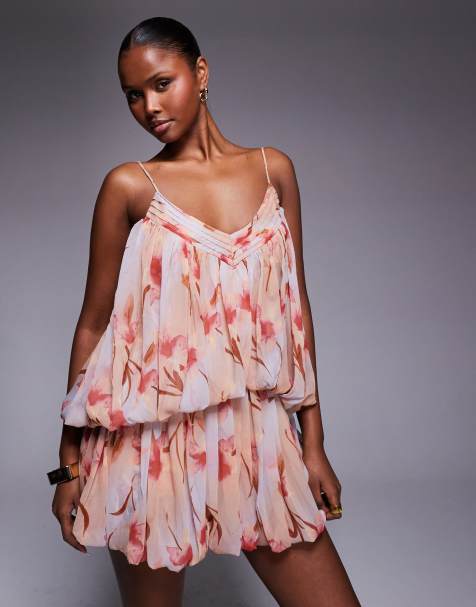 ASOS DESIGN - Mini cami-jurk met plooien, dubbele bubbelzoom en abstracte bloemenprint - view 1