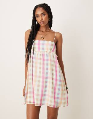 ASOS DESIGN - Mini cami-jurk met strikbandjes en blauwe gingham ruit - view 1