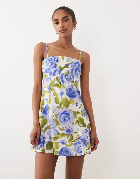 ASOS DESIGN - Mini cami-zonnejurk van katoen en linnen met gevormde buste en blauwe bloemenprint - view 1