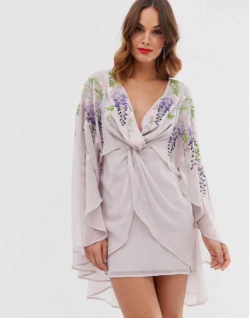 ASOS DESIGN mini cape dress with trailing embroidery