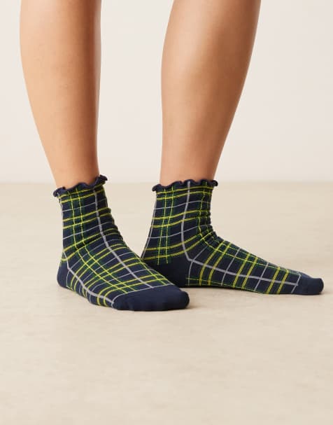 ASOS DESIGN mini check pattern socks with frill top in navy multi - view 1