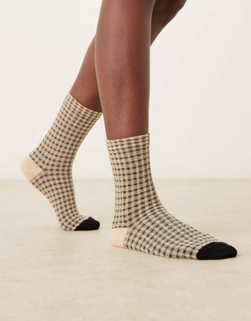 ASOS DESIGN mini check textured socks in cream and black, 3 of 3