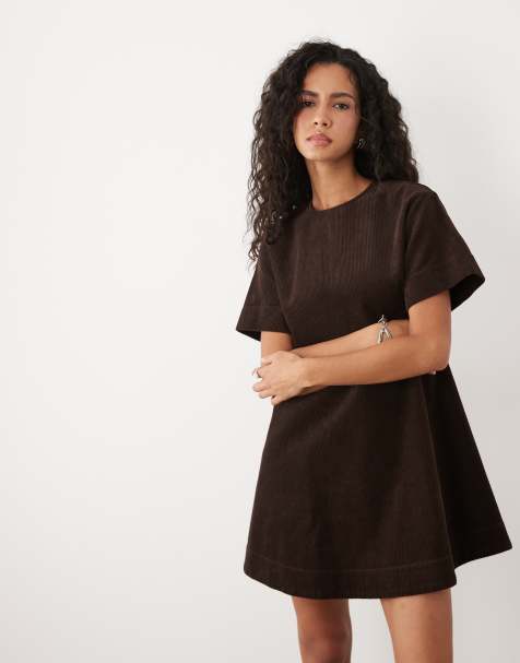 ASOS DESIGN mini cord T-shirt dress in brown - view 1