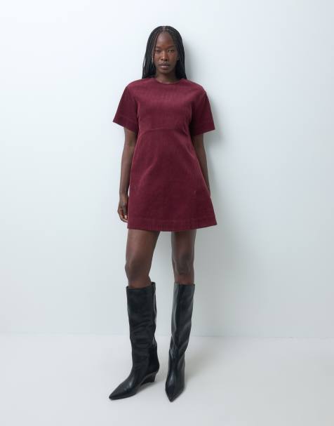 ASOS DESIGN mini cord T-shirt dress in burgundy - view 1