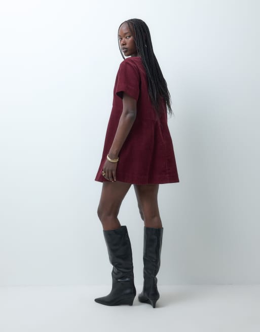 ASOS DESIGN mini cord T-shirt dress in burgundy, 2 of 5