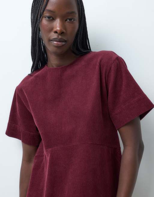 ASOS DESIGN mini cord T-shirt dress in burgundy, 3 of 5