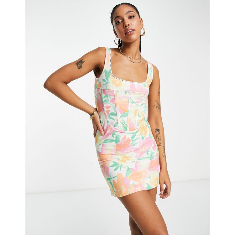 ASOS DESIGN corset plunge mini dress with corsage detail in floral