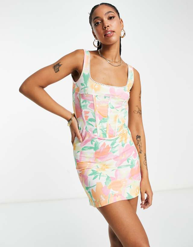 ASOS DESIGN mini corset dress with trim detail in pastel floral