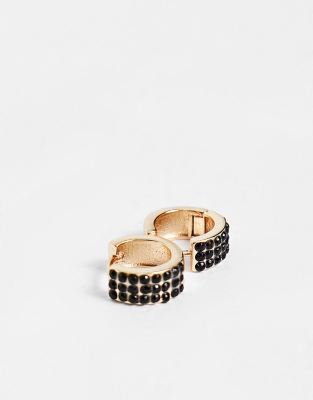 Créoles Dorées Avec Cristaux Noirs - Boucles D'oreilles élégantes Plaqué Or, Neuf Avec étiquette