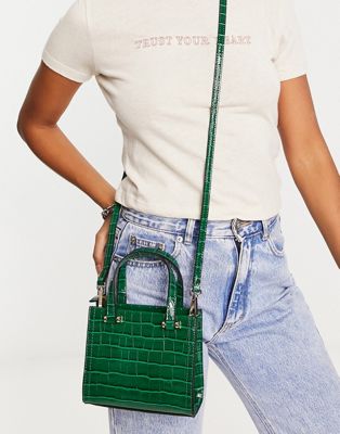 ASOS DESIGN mini croc tote bag with top handle and detachable crossbody strap in forest green