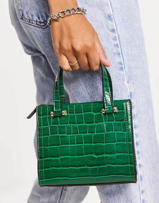 ASOS DESIGN curved shoulder bag in green croc with long strap