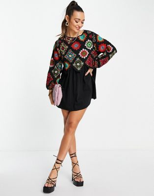 ASOS DESIGN mini crochet embroidered smock dress in black