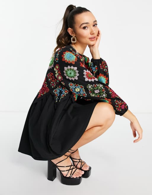sachin and babi light blue dress ASOS DESIGN mini crochet embroidered smock dress in black