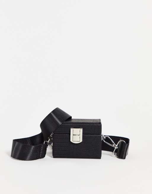 ASOS DESIGN crossbody structured box bag in black faux leather with clasp  detail