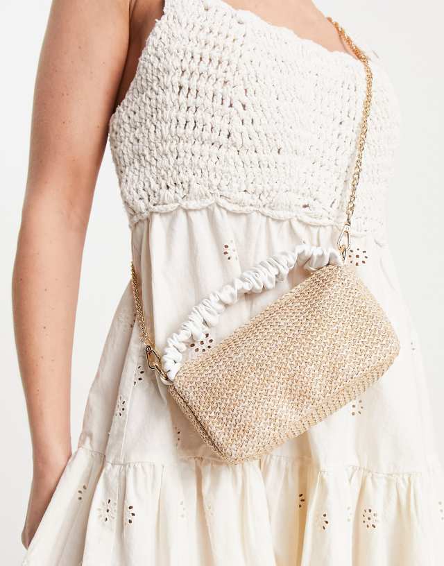 ASOS DESIGN mini crossbody bag with ruched top handle and removeable strap in straw