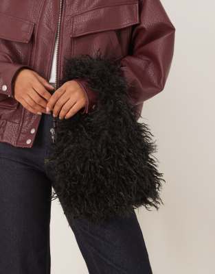 Asos Design Mini Curly Faux Fur Tote Bag In Black