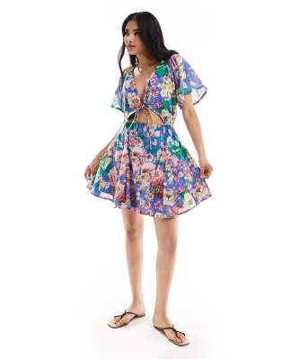Asos Design Mini Cut Out Dress With Godet Skirt In Blue Floral Print-multi In Multi
