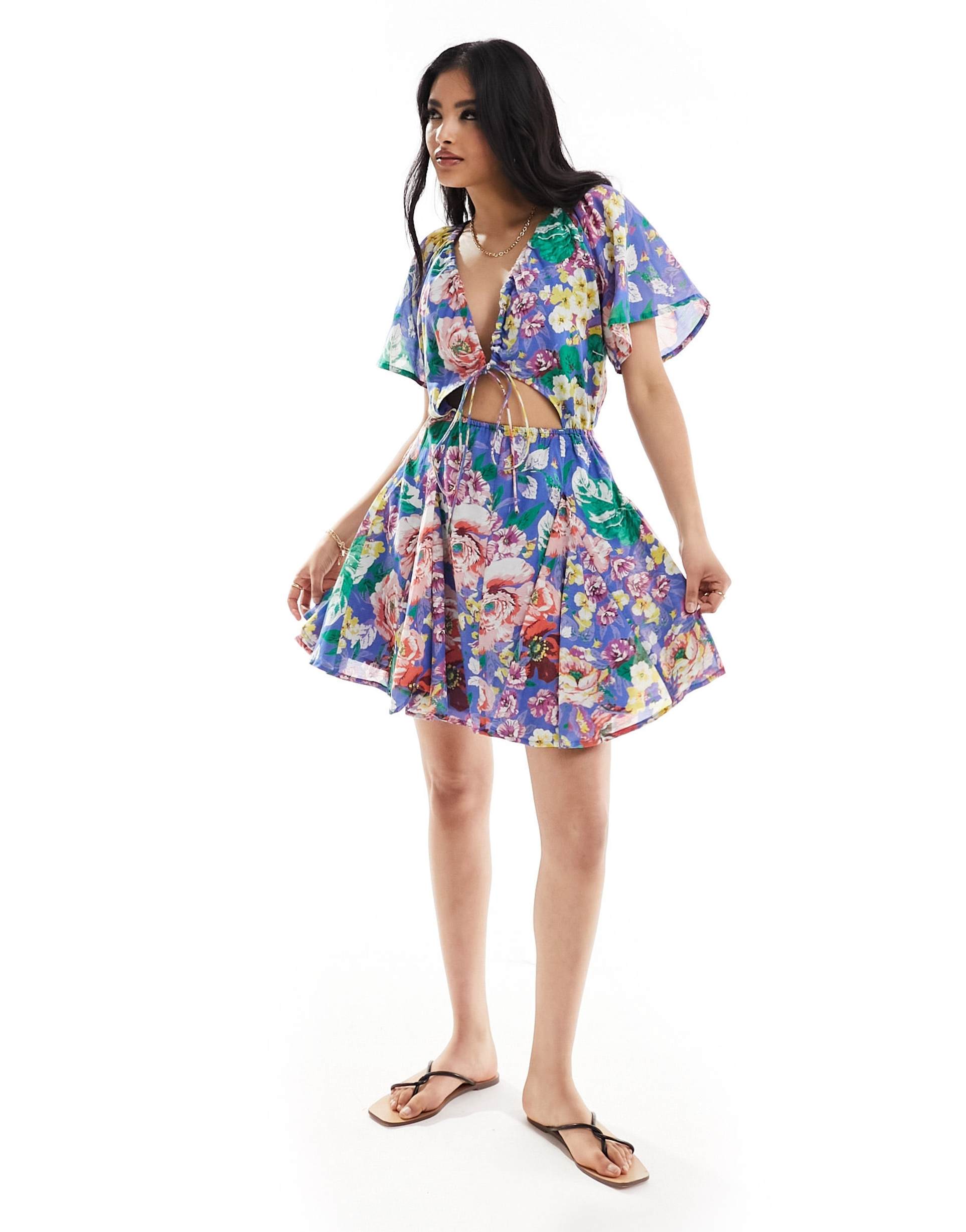 asos design mini cut out dress with godet skirt in blue floral print